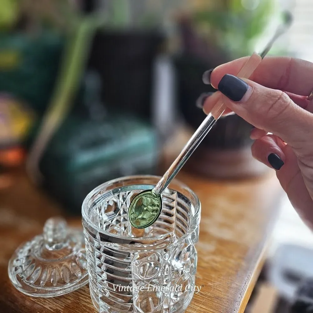 Emerald Glass Long Stir Tea Spoon Green & Clear Sugar & Teaspoon Rounded Point